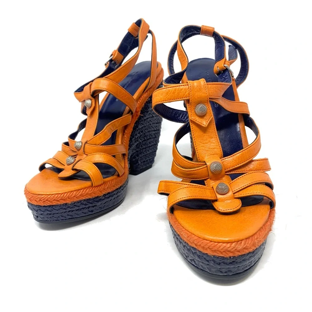 ❤️Balenciaga Paris  Orange Espadrille Wedge Strappy Sandals.  EUC.  Studded - Picture 5 of 11